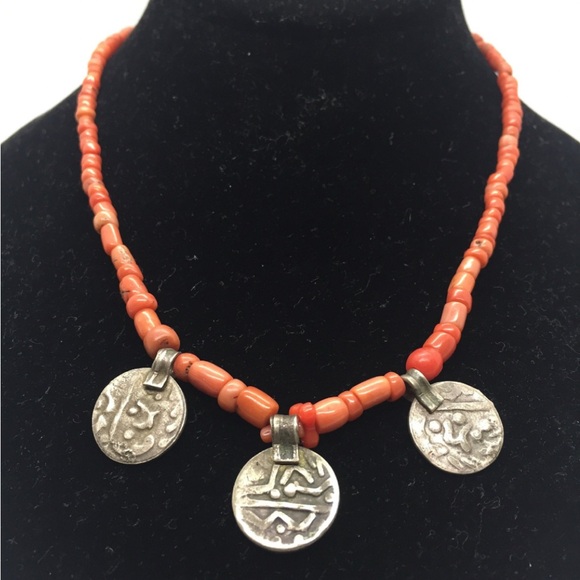 Antique Mountain Coral and Sterling Silver Necklace